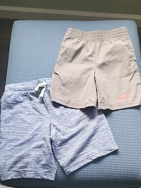 Light Khaki Elastic Waist Shorts with Subtle Pink Logo